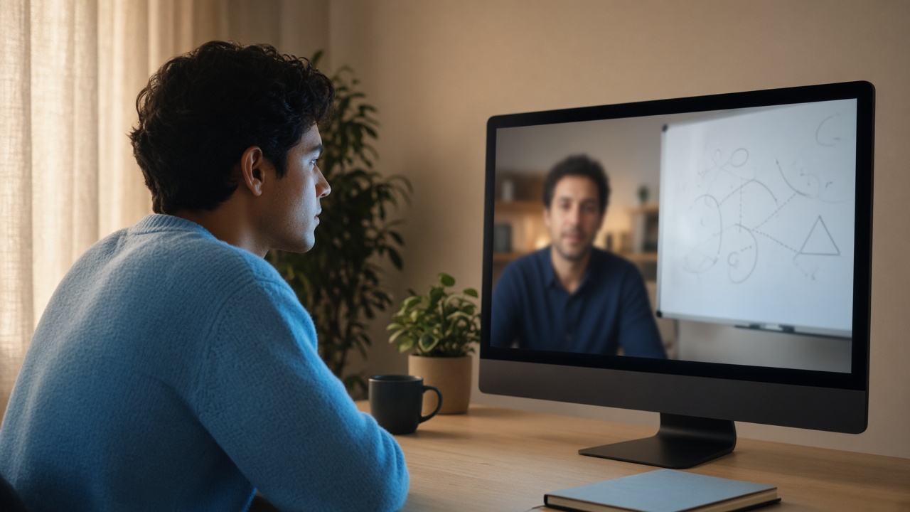 Student in a live HD video classroom with a tutor and collaborative whiteboard