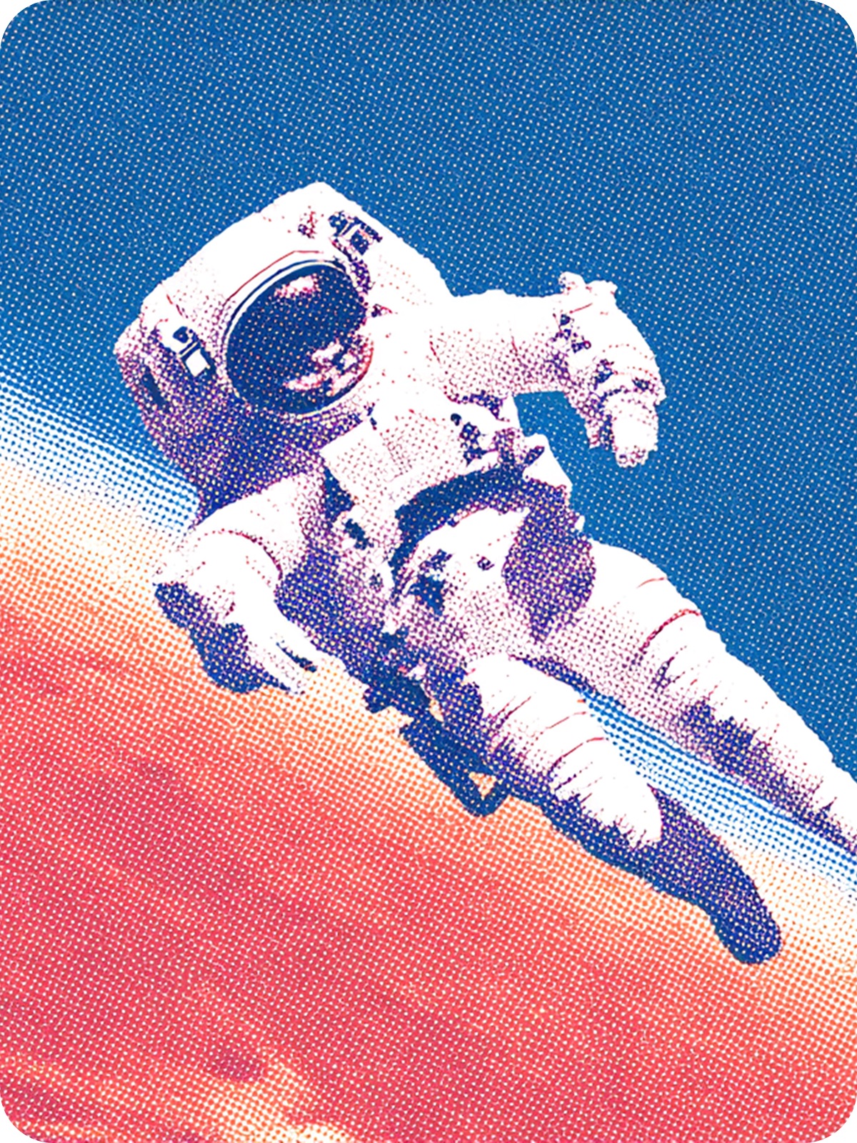 Stippled illustration of an astronaut floating above Earth