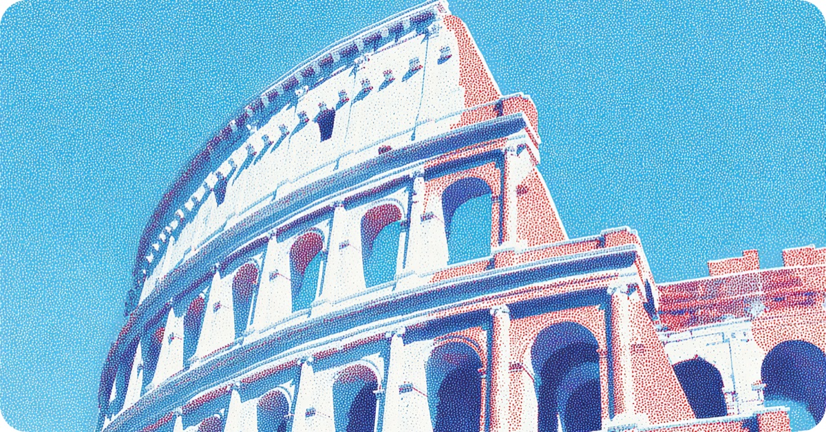 Stippled illustration of the Roman Colosseum against a blue sky
