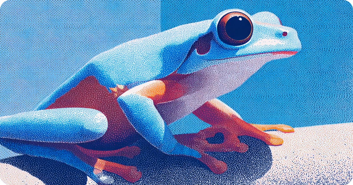 Stippled illustration of a blue tree frog perched on a branch