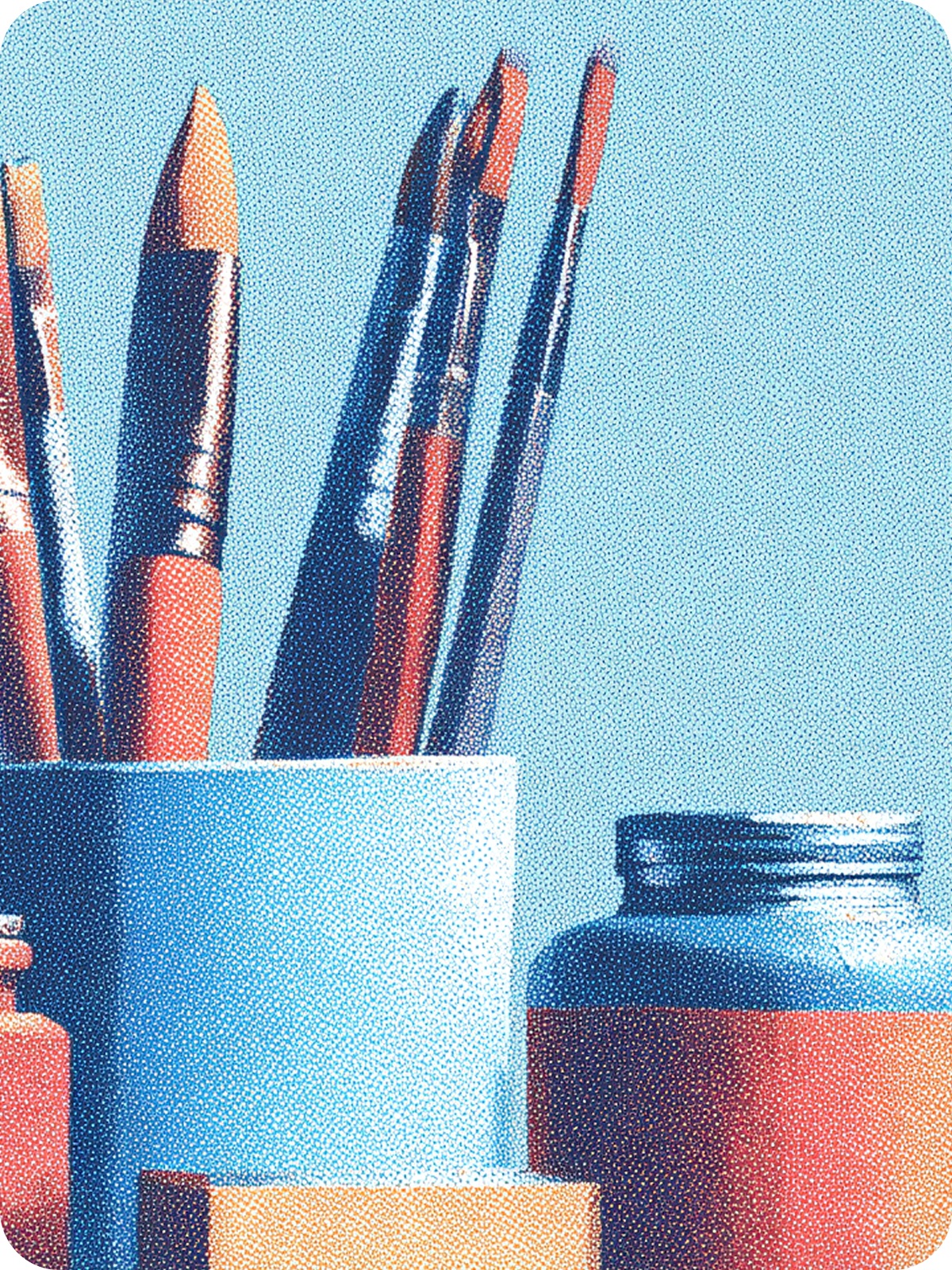 Stippled illustration of paintbrushes in a cup beside a paint bottle