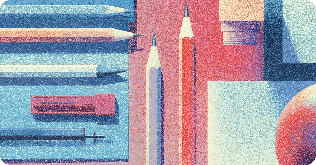 Stippled illustration of pencils, erasers, and school supplies